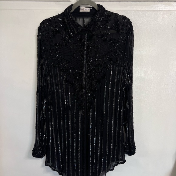 Frank Lyman Design Tops - Frank Usher Design Black Beaded Sheer Button-Front Blouse